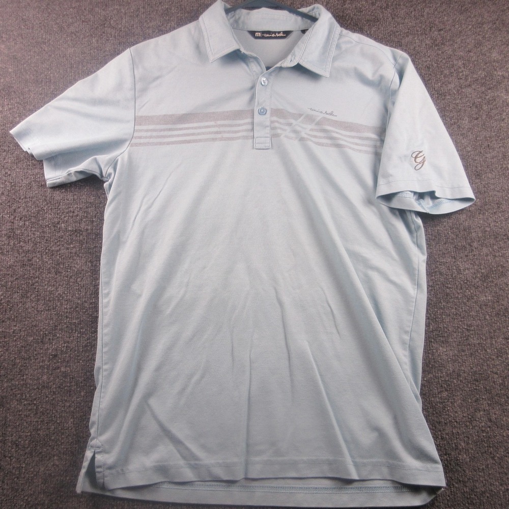 TravisMathew Polo Shirt Mens Medium Blue Chest Stripe Golf Performance Casual